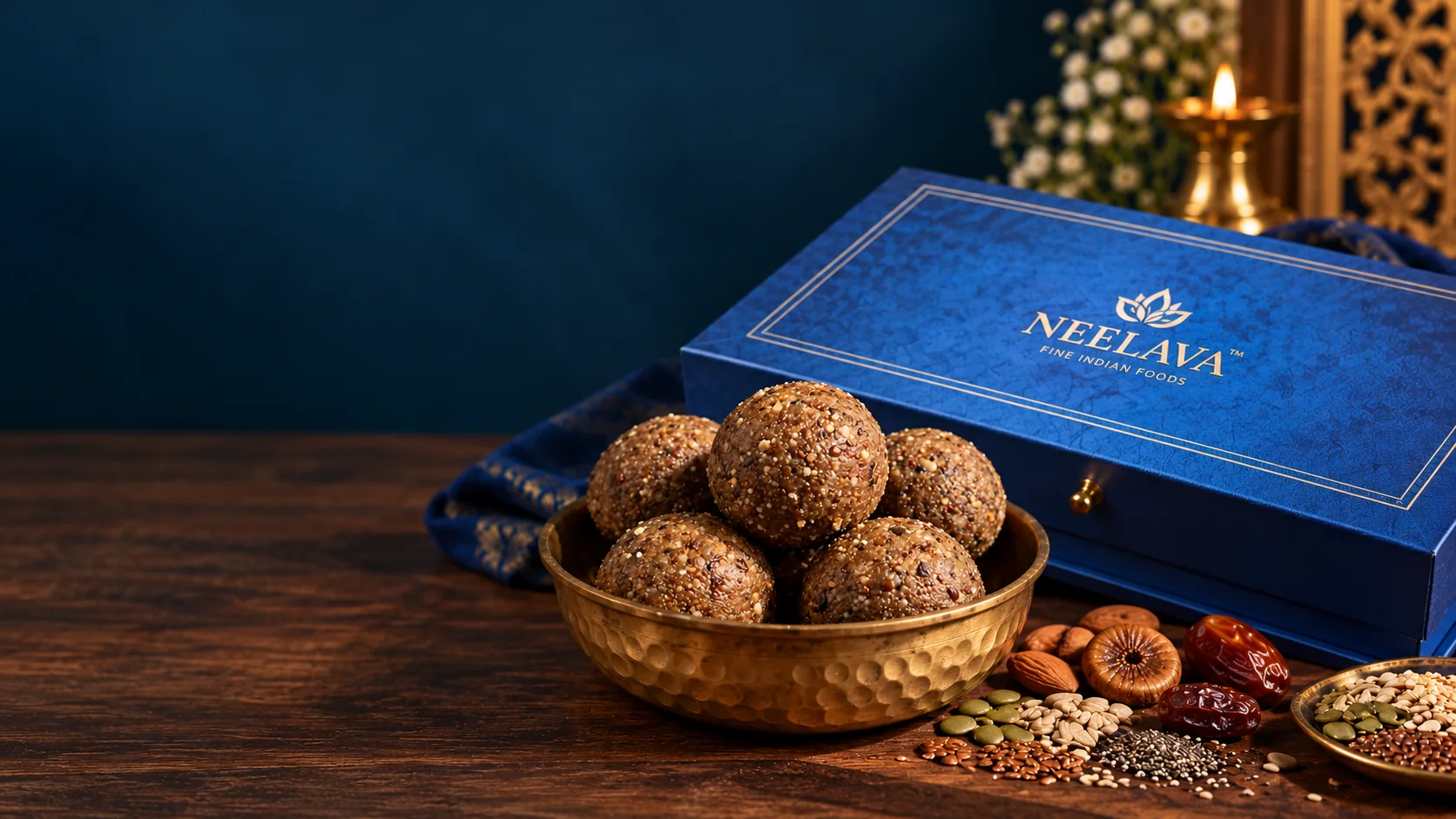 Five Seed Laddu in a hammered brass bowl beside a blue NEELAVA gift box, with almonds, figs, dates and seeds.