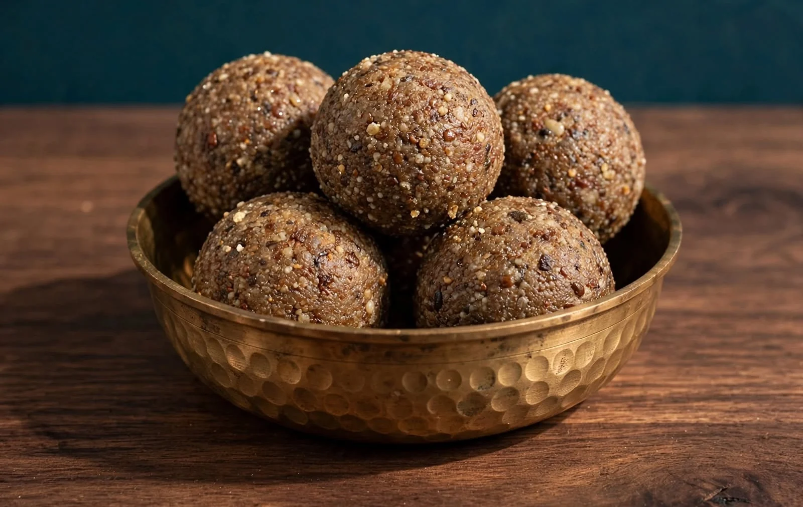 Five Seed Dry Fruit Laddu in a hammered brass bowl